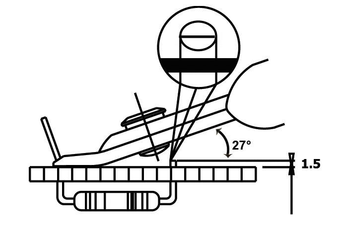 The image displays a technical drawing with an inclined surface set at an angle of 27 degrees. Adjacent to the incline, dimensions of 1.5 units are indicated.