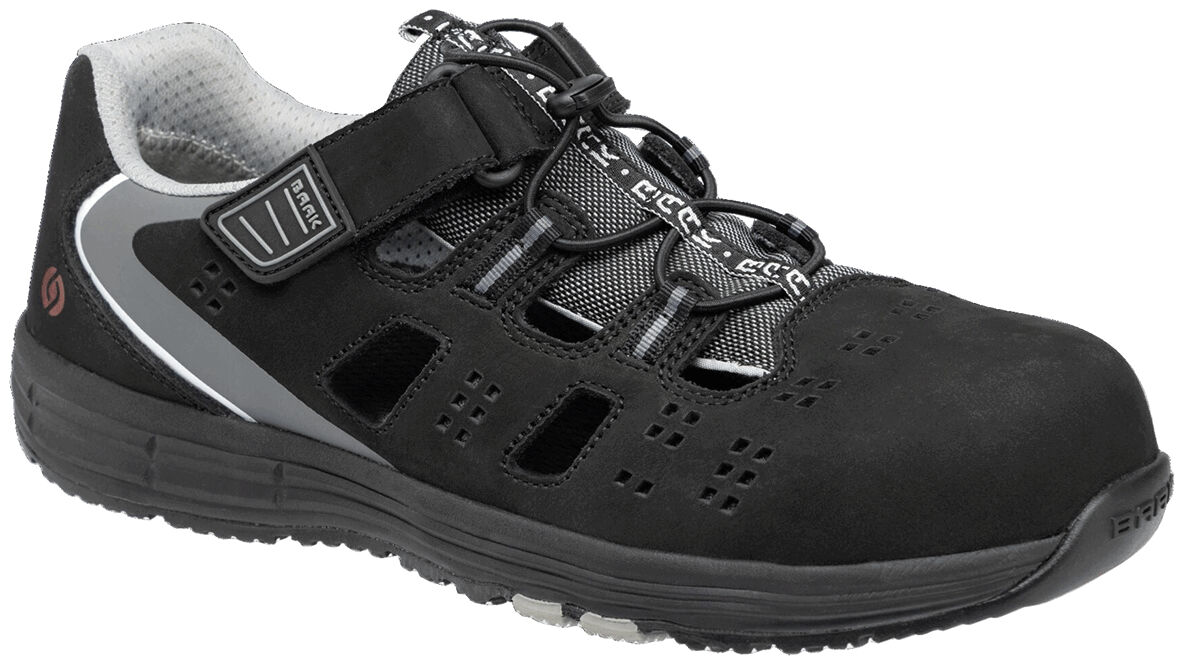 The shoe is black with a grippy, flexible sole. It features a quick-lacing system and a strap for additional support. The surface is made of durable material with ventilation holes.