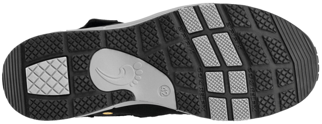 The image shows a shoe sole with a non-slip design. The sole is predominantly black with gray and white rubber accents. It features a textured tread for improved grip.