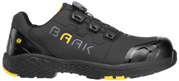 The shoe is black with yellow accents and a sturdy, modern design. It features a reinforced toe cap and a quick-lacing closure mechanism. Ideal for work safety.