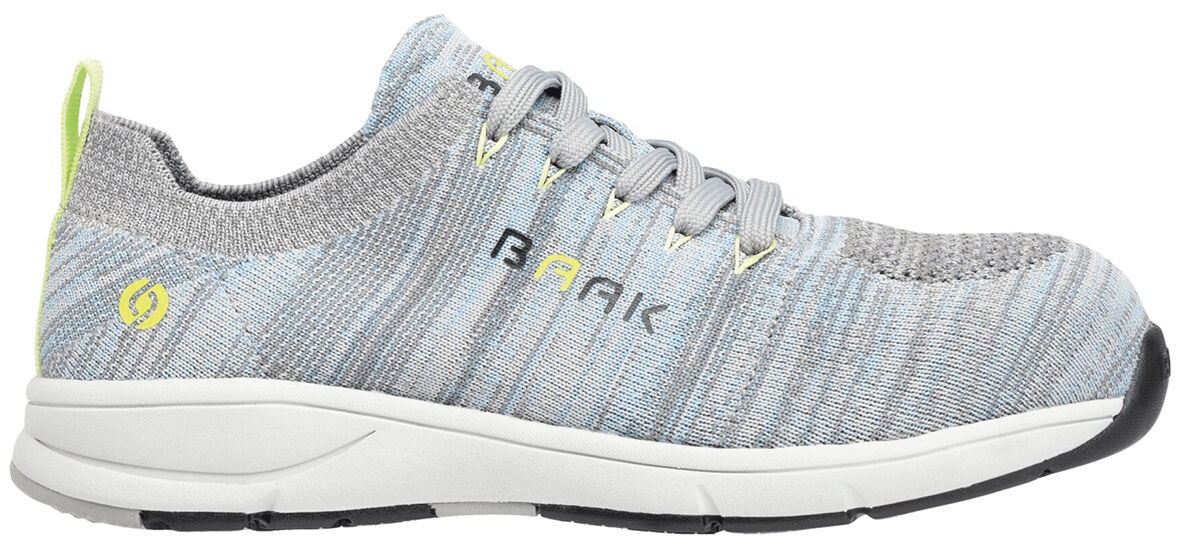 The shoe is a sporty sneaker in gray shade with blue and yellow accents. It features a light, flexible sole and a snug, breathable upper.