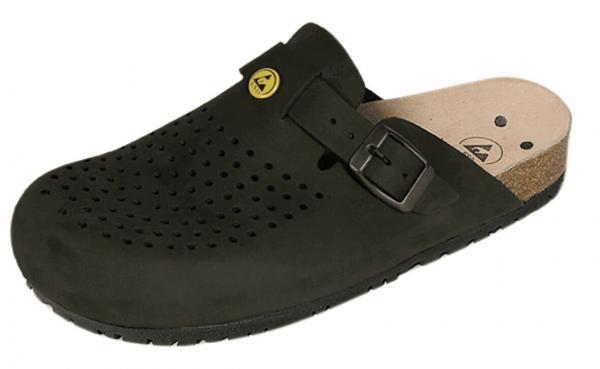 The shoe is a black clog with many small holes for ventilation. It has an adjustable strap and a light cork insole. The sole is grippy and flexible.