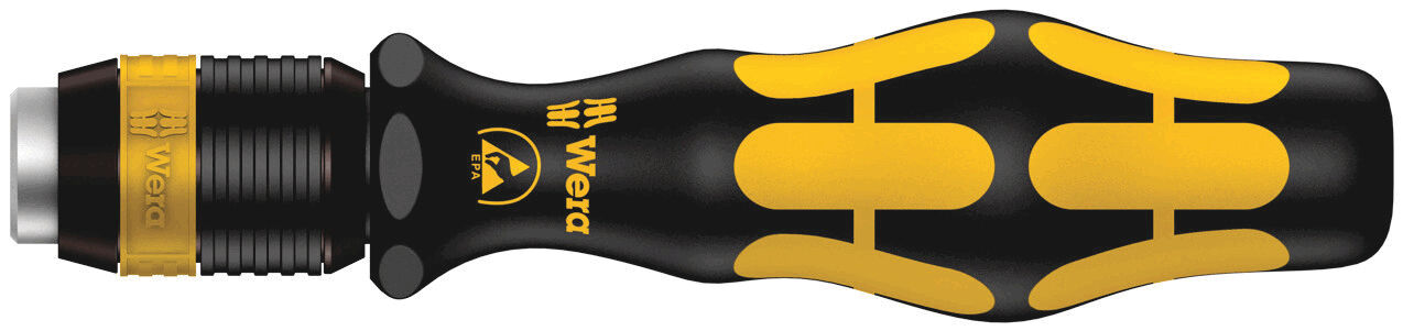 The image shows a screwdriver with an ergonomic, yellow-black handle. The handle has a non-slip surface and a special shape for better grip and control during use.