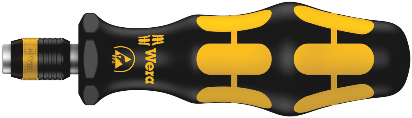 The image shows a screwdriver with a black, textured grip surface and yellow, ergonomic patterns. The head is designed for a special application.