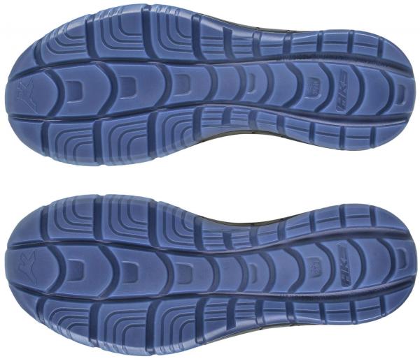 The image shows the undersides of a pair of shoes with a blue, textured sole. The sole features various patterns for better grip and flexibility.