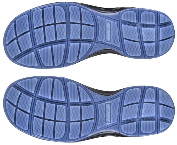 The image shows the undersides of a shoe with a blue rubber sole. The sole features a diamond-shaped pattern with various indentations that provide good traction.