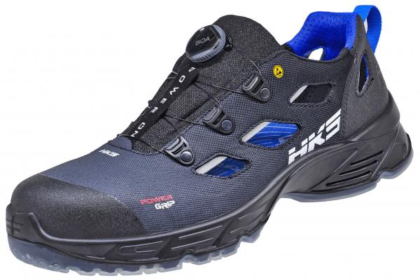 The shoe is black with blue accents. It has a sporty design, a breathable upper, and a special lacing system with a twist lock for a secure fit.