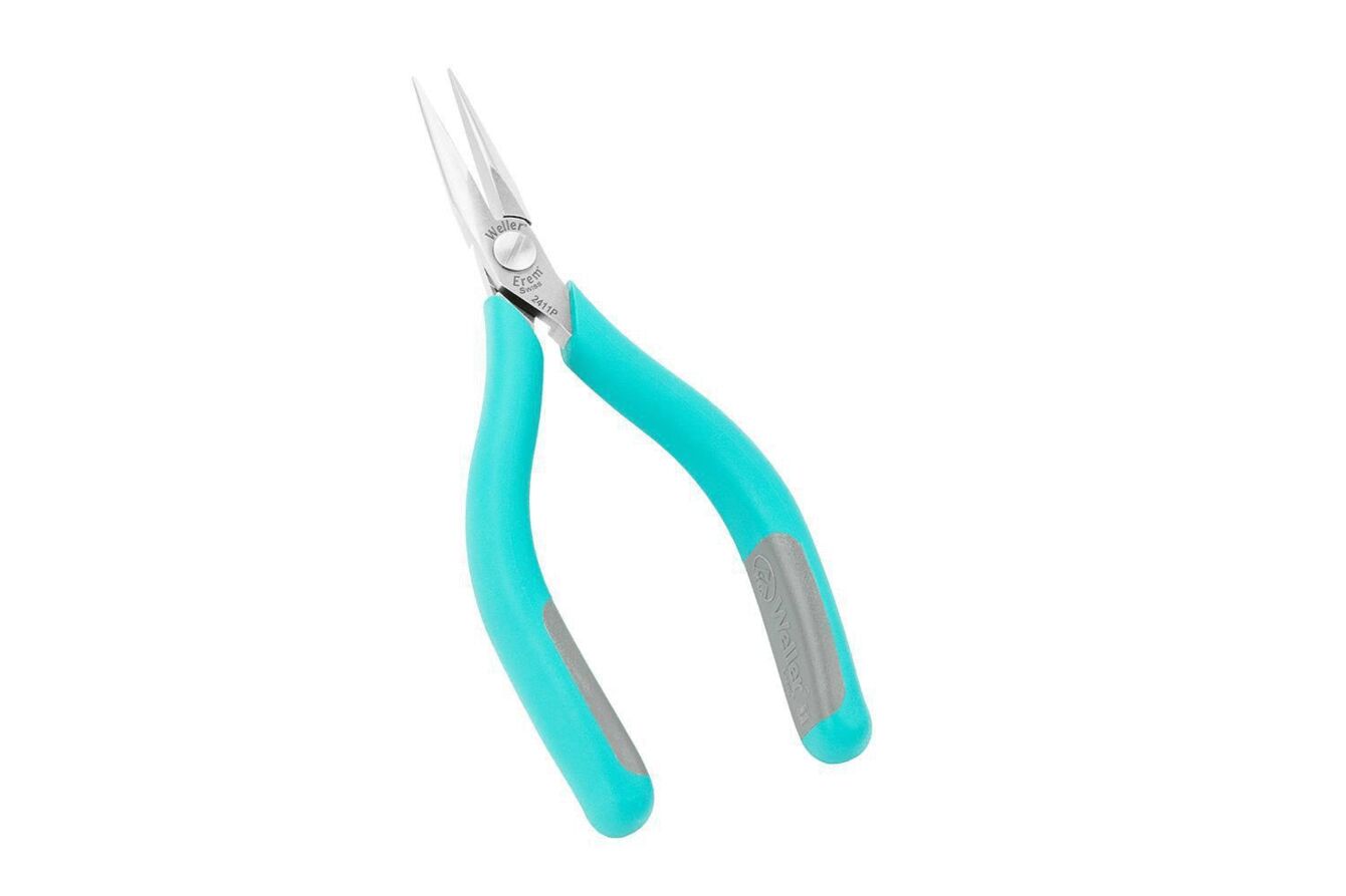 The image shows a pair of pliers with narrow, pointed blades. The handles are in a bright turquoise with gray rubber applications that provide a non-slip surface.