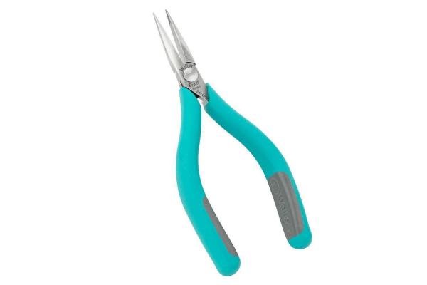 This is a pair of pointed pliers with long, narrow jaws. The handles are ergonomically designed and made of a turquoise, rubberized material. They are slip-resistant and comfortable.