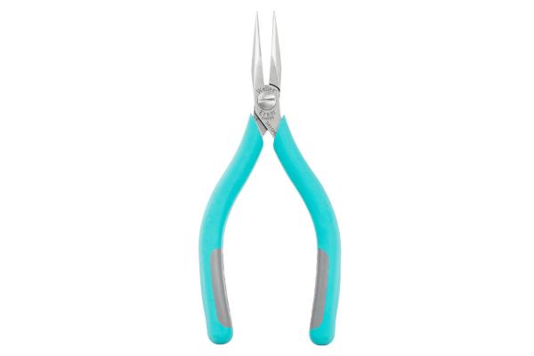 The image shows a pair of pliers with long, pointed, metallic blades and a turquoise handle. The pliers are open, ready for use.