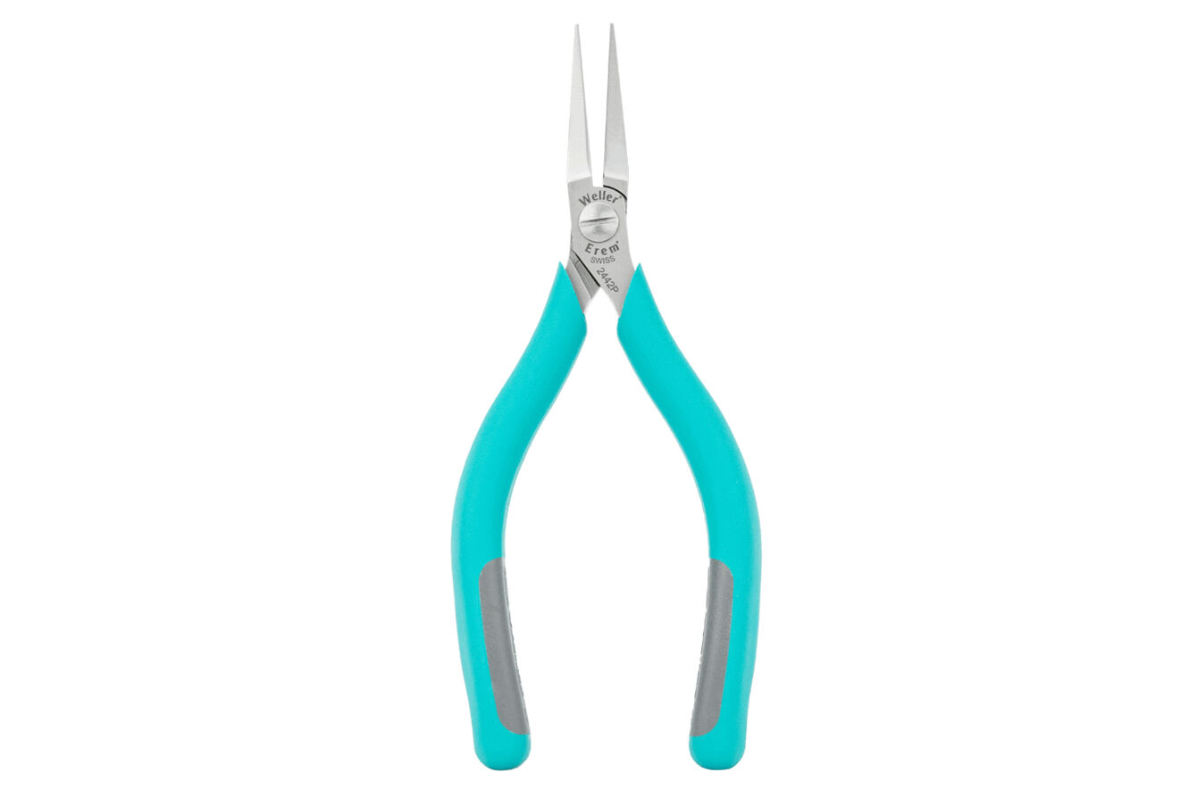 The image shows a pair of pliers with long, narrow tips. The handles are turquoise with gray rubber elements for better grip. The material is metallic and shiny.