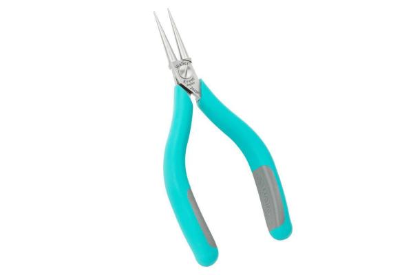 The pliers have long, thin tips and an ergonomic handle in turquoise with gray elements. They fit well in the hand and are suitable for precise work.