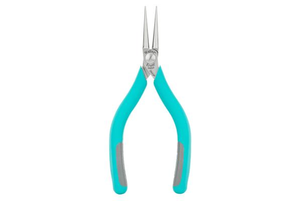 The image shows a pair of pliers with long, pointed jaws made of shiny metal. The handles are turquoise with gray rubber inserts for better grip. It is handy and lightweight.