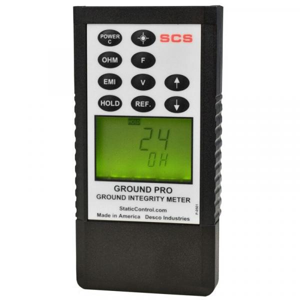 The image displays a portable testing device for checking ground integrity. It has a black casing with a digital display and several buttons for operation.