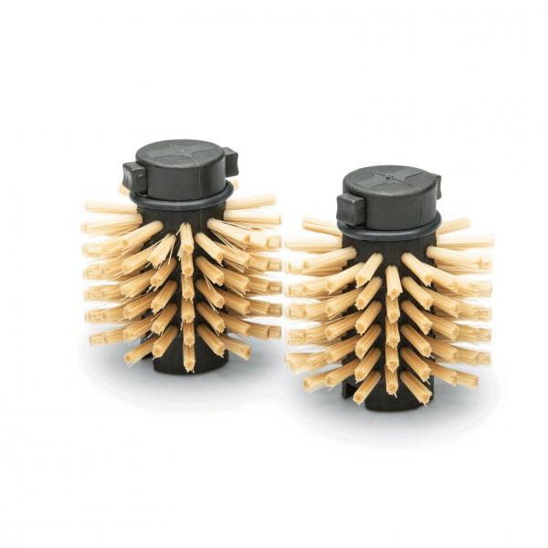 The image shows two round hair brushes with many short, wood-like bristles. The brushes have a black handle and are symmetrically arranged. They appear sturdy and are intended for hair styling.