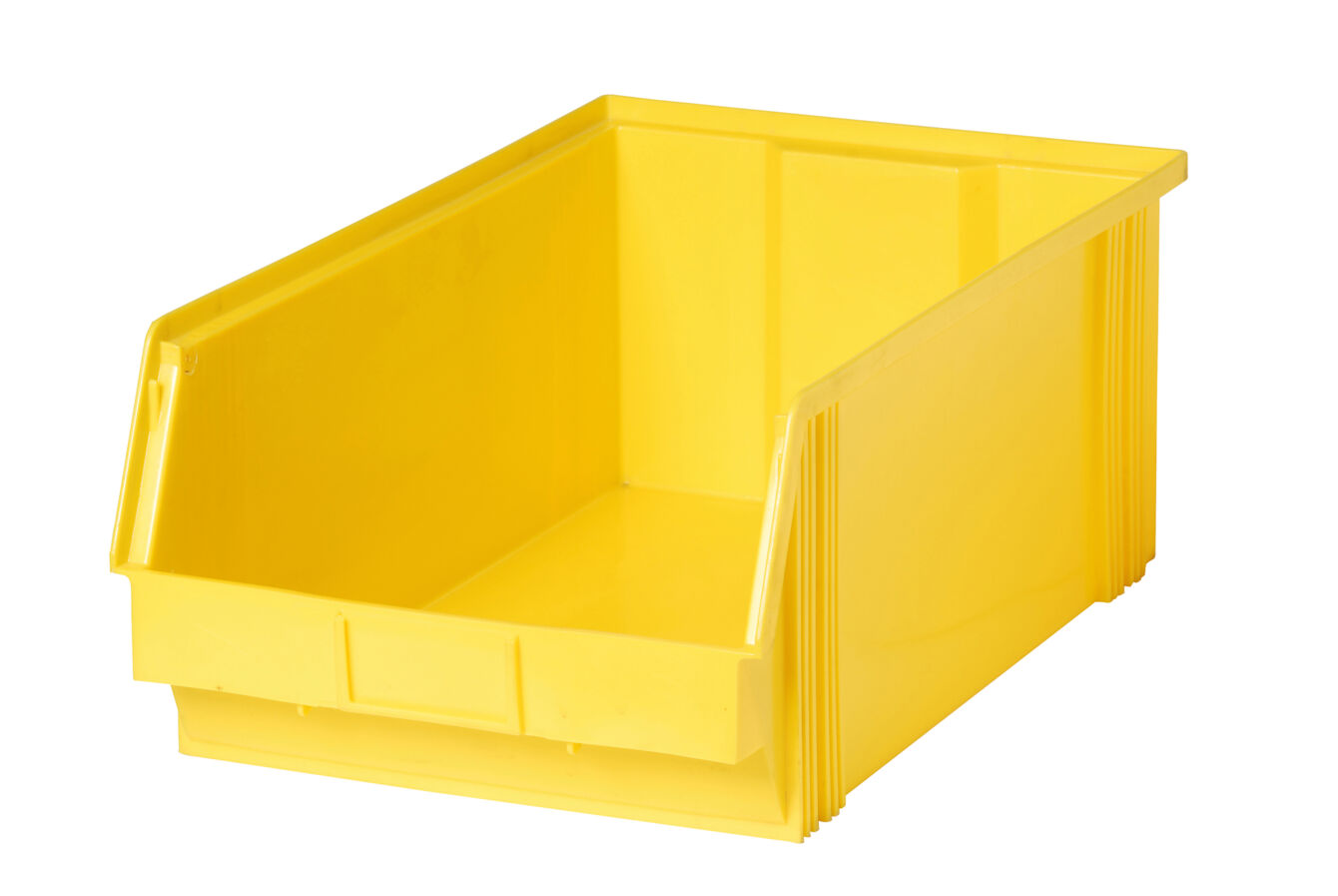 The image displays an empty, rectangular plastic crate in bright yellow. The crate has an open front, allowing easy access to the contents. It has a sturdy shape.