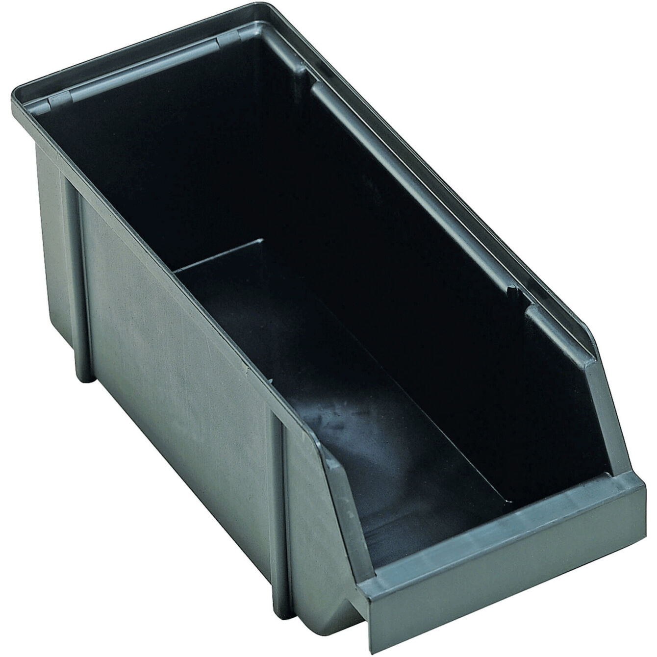 The image shows a rectangular, black storage box with a slanted front edge. It has a smooth surface and is intended for storing small items.