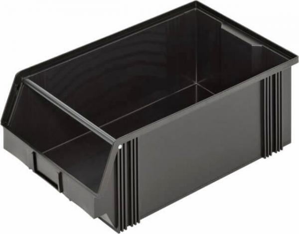 It is a rectangular, black plastic container with open sides and a handle. The walls are slightly textured, and it has a flat bottom surface.