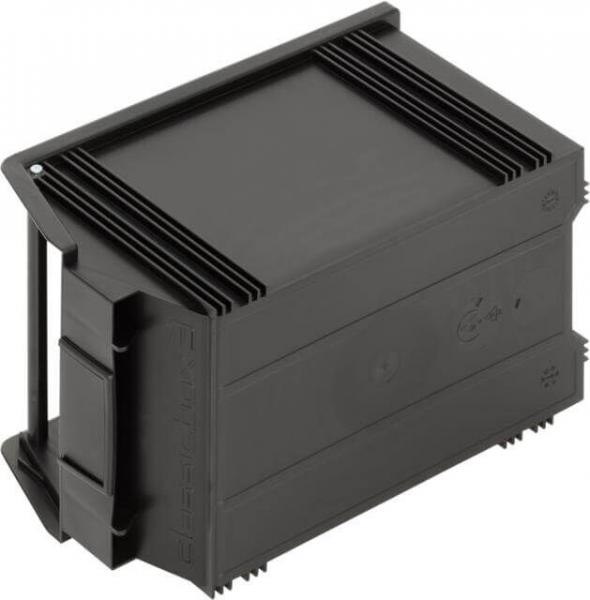 The image shows a black, rectangular box with several ventilation slots on the top and side handles. It has a smooth, matte finish and is compact.