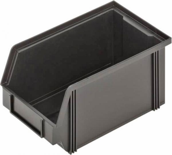 The image shows a black, rectangular storage box with a slanted front. It has smooth walls and a sturdy structure, ideal for organizing items.