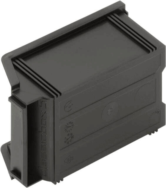 The image shows a black, rectangular plastic casing with rounded corners and a textured surface. It has a top flap and is likely an electronic or connector component.