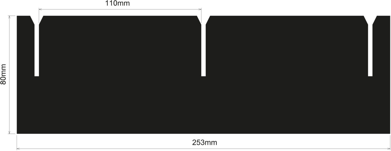 The image shows a black, rectangular area measuring 253 mm wide and 80 mm high. At the top edge, there are two notches each 110 mm wide.