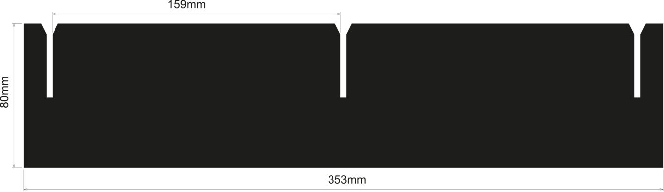 The image displays a black-and-white technical drawing of an object with specific dimensions: width 365 mm, height 80 mm, and two cutouts.