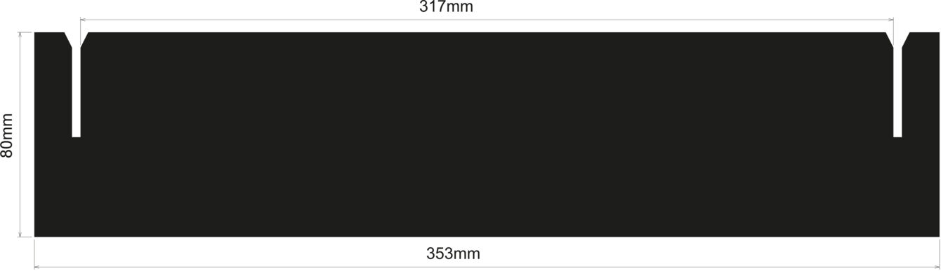 The image displays a black, rectangular shape measuring 353 mm in width and 37 mm in height. There are two notches on the sides, evenly distributed.