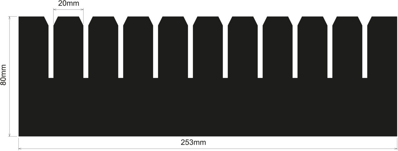 The image displays a black matrix with several spikes. It is 253 mm long, 80 mm high, and has a spike height of 20 mm. The spikes are evenly arranged.