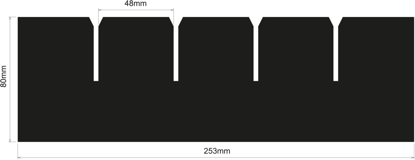 The image shows a black, rectangular object with a height of 80 mm and a width of 253 mm. It has five notches that are evenly distributed and extend 48 mm into the object.