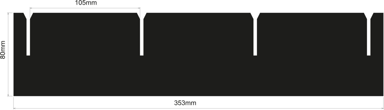 The image displays a black, rectangular shape with three uniform notches at the top and dimensions: height 80 mm, width 360 mm, each notch 105 mm.