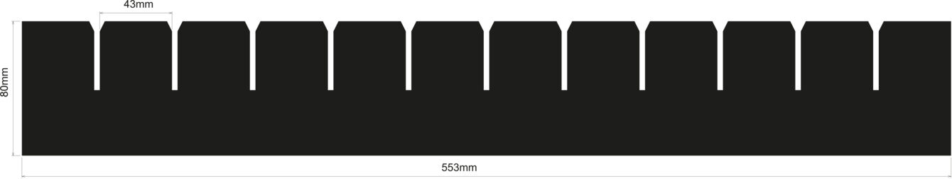 The image shows a black horizontal surface with evenly distributed rectangular cutouts. There are labels at the top and bottom. It conveys a structure with regular patterns.