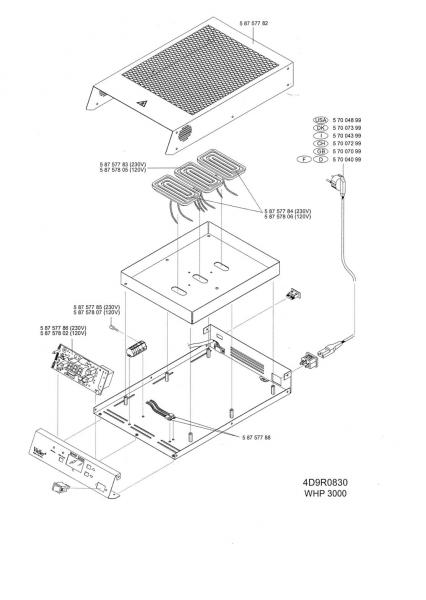 The image shows an exploded view of a device. Individual components are highlighted in color, including a casing, heating elements, and connection cables. Numbers refer to parts.