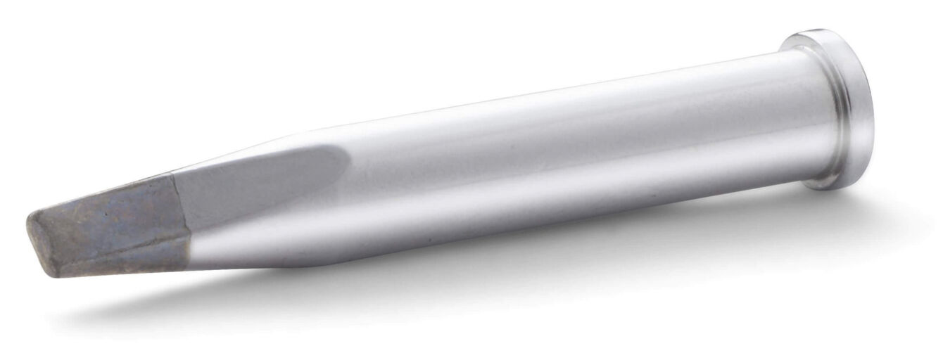 The image shows a silver screwdriver with a flat, wide end. The handle is cylindrical and fits well in the hand. The edge is slightly rounded.