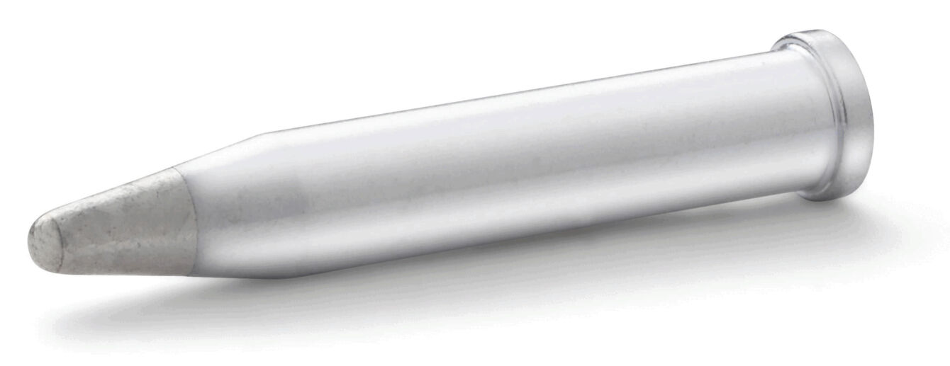 It is a shiny, slender cylinder with a pointed front and a wider, flat end. The surface appears metallic and smooth.