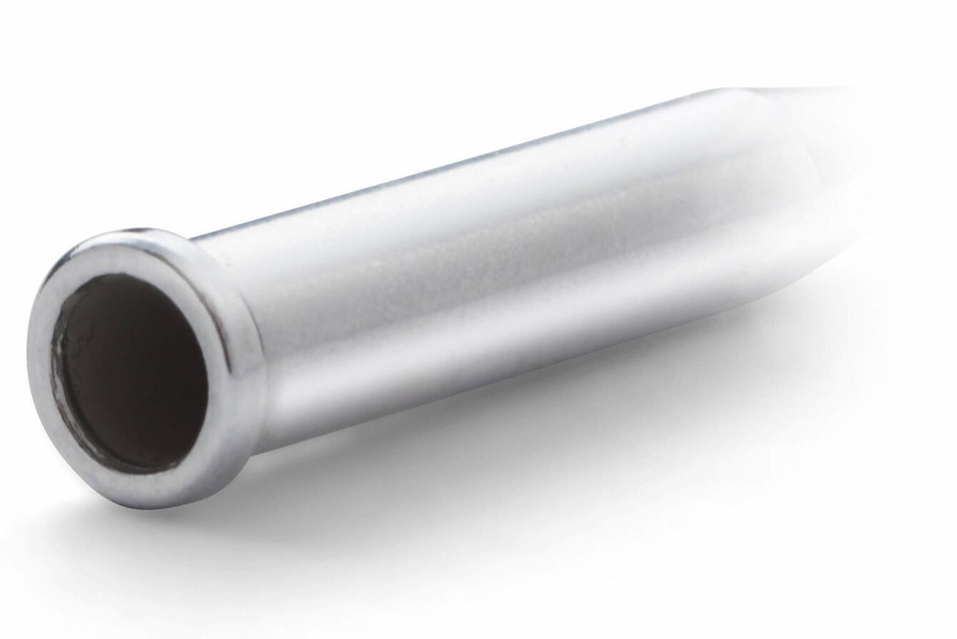 The image shows a silver tube that is open at one end and narrower at the other. The surface is shiny and smooth, typically made of metal.