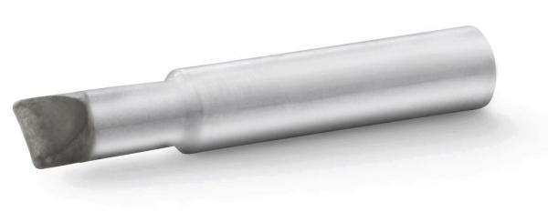 It is a metallic tool that is cylindrical and has a flat, beveled edge on one end. The surface is smooth and shiny. Ideal for precision work.