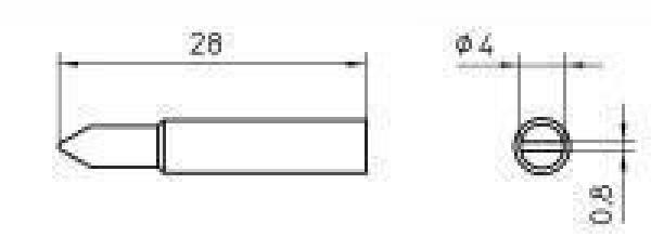 The image displays a technical drawing of a cylindrical object with a tip. It has a diameter of 4 mm and a length of 28 mm. Adjacent to it is the top view.