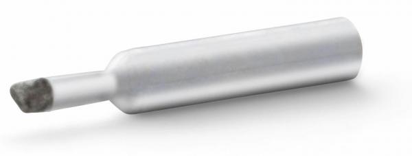 The image shows a silver, cylindrical object that is flattened at one end. It appears like a small metal cylinder or a type of drill without a visible tip.