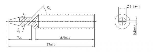 The image displays technical drawings of a component with various views: a side view with dimensions and a top view that shows the shape and diameter.