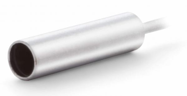 In the picture, there is a slim, cylindrical metal body visible. It has a smooth, silver surface and is open at one end. The other part is connected to a thin wire.