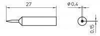 The image displays a technical drawing of an elongated, pointed object. The dimensions are 27 mm in length, 0.4 mm in diameter, and a circular opening of 0.15 mm.