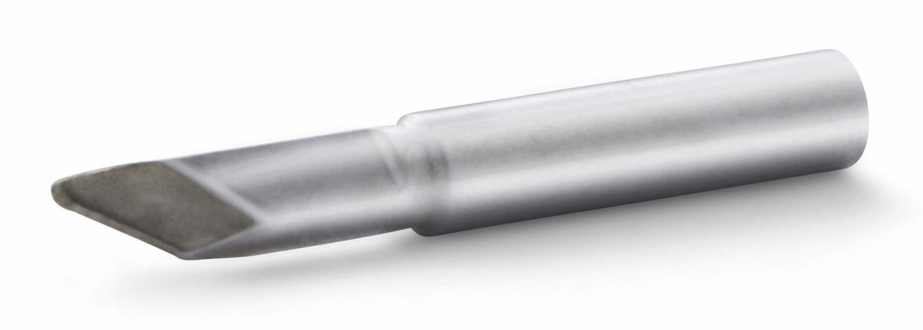 The image shows a silver, metallic tool attachment with a flat, angled edge. The handle is cylindrical and ends in a wider, sharp area.