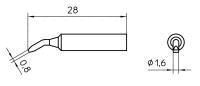 The image displays a technical drawing of a tool with a length of 28 mm and a wide, curved tip. The grip area is cylindrical, visible from the side. To the right is a top view.