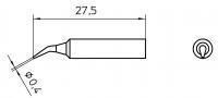 The image displays a simple, narrow tool handle with a slanted tip. The dimensions are marked: 27.5 mm length and 70 mm width. To the right is a circular view.