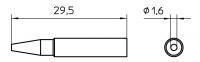 The image displays a technical drawing of a metallic object, approximately 29.5 mm long and 1.6 mm thick. It has a pointed shape and a round cross-sectional view.