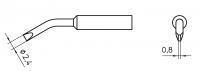 The image shows a technical drawing of a component. On the left side, there is a side view with a curved shape. On the right, a top view of the tip is shown, which is round. Dimensions are provided.