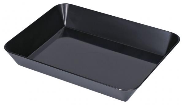 The image shows a rectangular, flat tray in black color. It has smooth, slightly curved walls and the sides are slightly raised at the corners. It appears simple and functional.