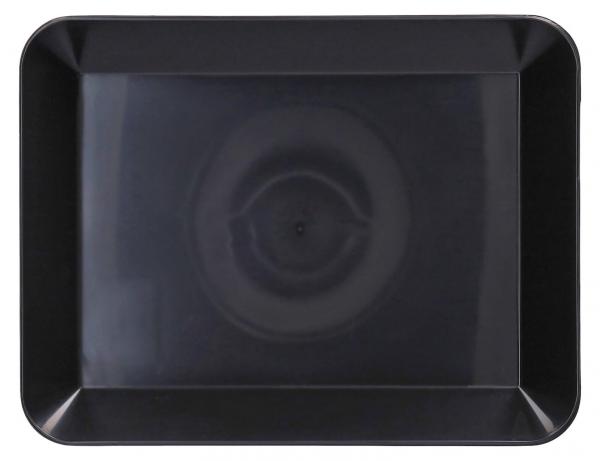 The image shows a black, rectangular tray with slightly rounded corners. The surface is smooth and shiny, with a central pattern that appears brightly illuminated.