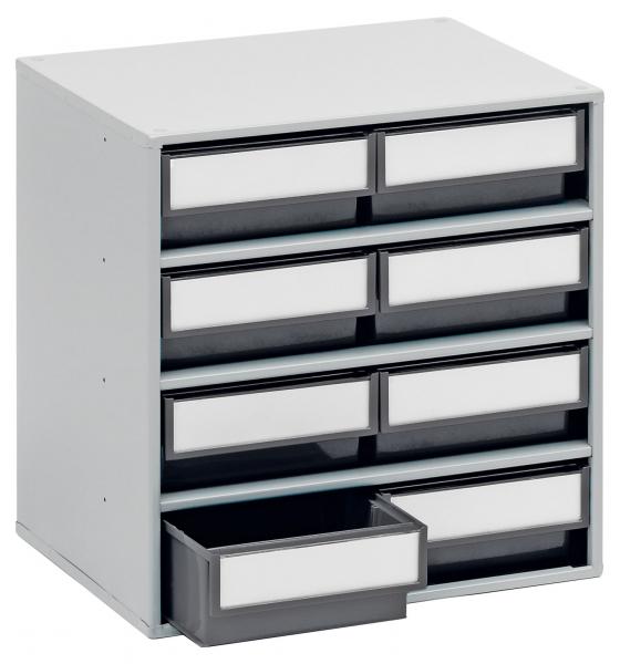 The image shows a compact, gray dresser with seven drawers. The top six drawers are the same size and on top of the dresser, the bottom drawer is larger and spans the width.